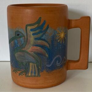 Hand painted Terracotta Mug Seminario Birds Peru Blue Brown White Inside New